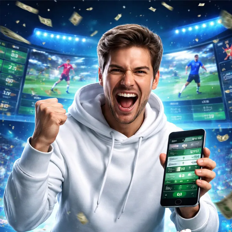 Enthusiastic male gamer praising the Playtime Rewards Program for sports betting benefits