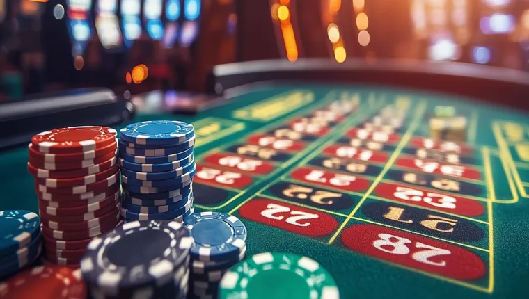 Roulette wheel spinning with chips placed on various numbers at playtime casino